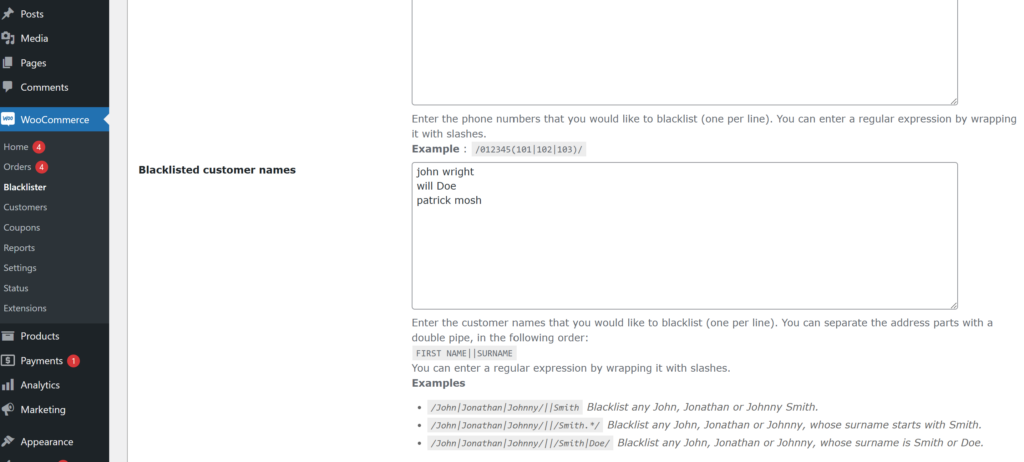 Blacklisted with customer name
