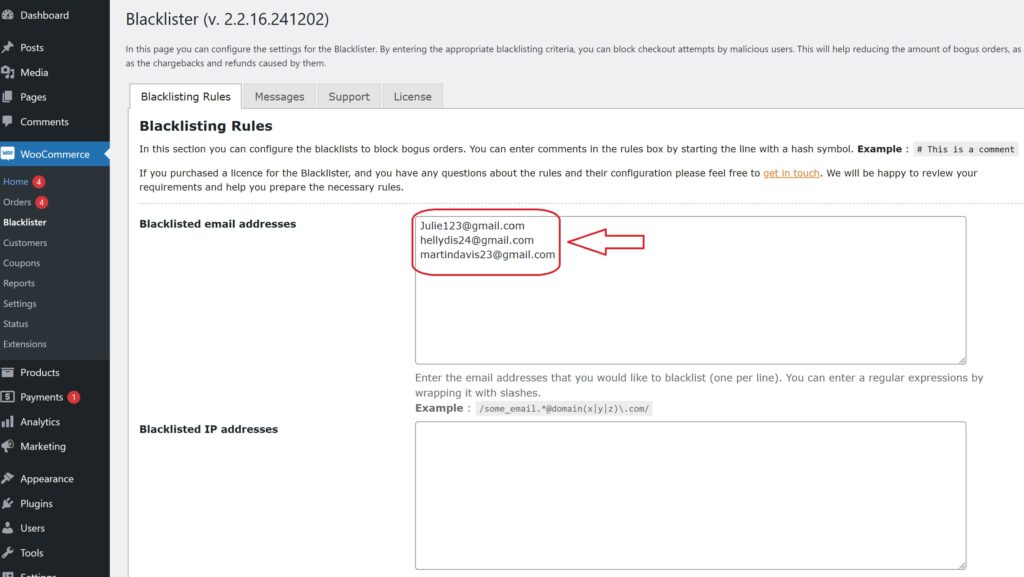 email address to blacklist 1 2
