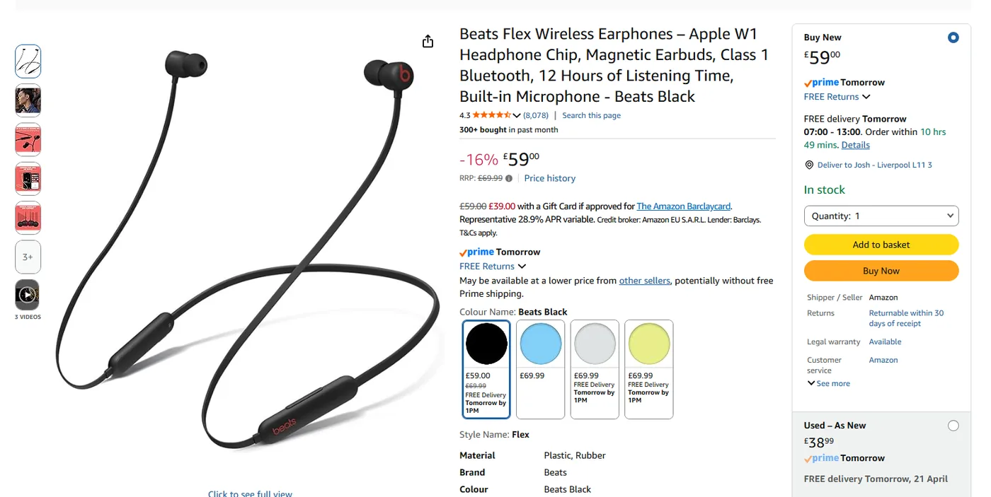 Amazon UK product page for Beats Flex wireless earphones priced at 59 pounds with Prime delivery, shown for price comparison against the Whatnot UK receipt.