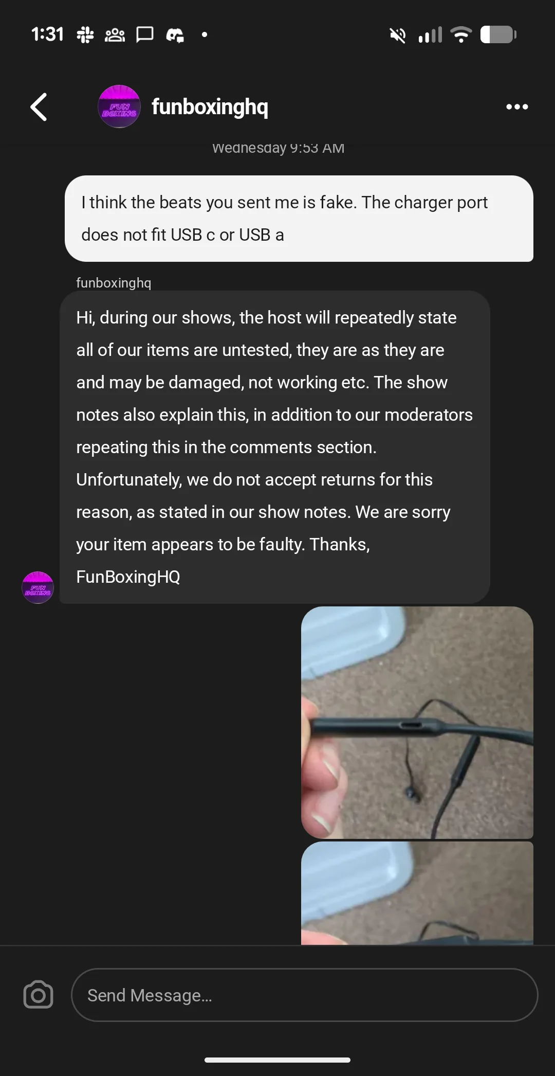 Whatnot direct message from Fun Boxing HQ refusing a refund on counterfeit Beats headphones with a charging port that does not fit USB A or USB C, citing show notes.