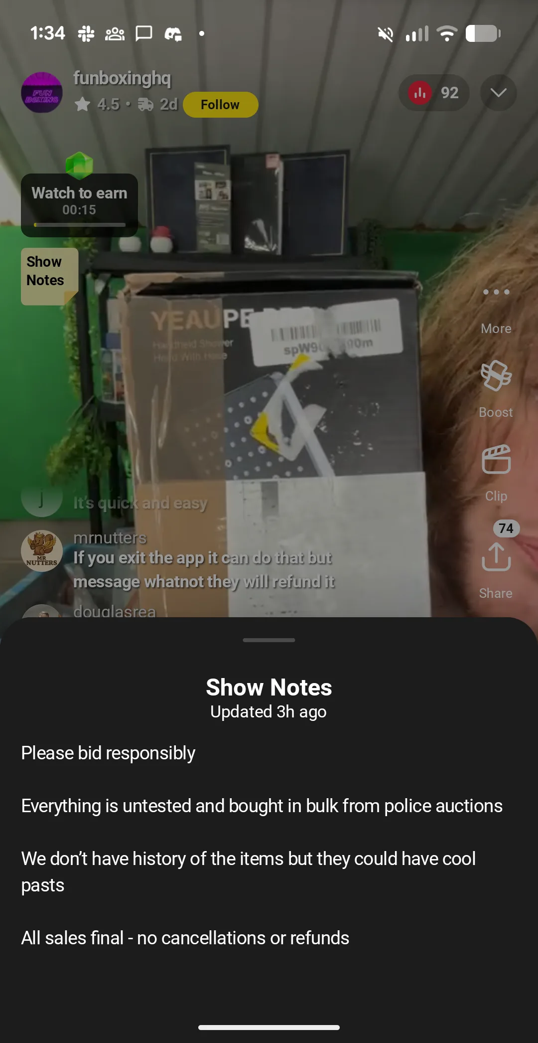 Whatnot show notes panel for Fun Boxing HQ stating please bid responsibly, everything is untested, all sales final, no cancellations or refunds.