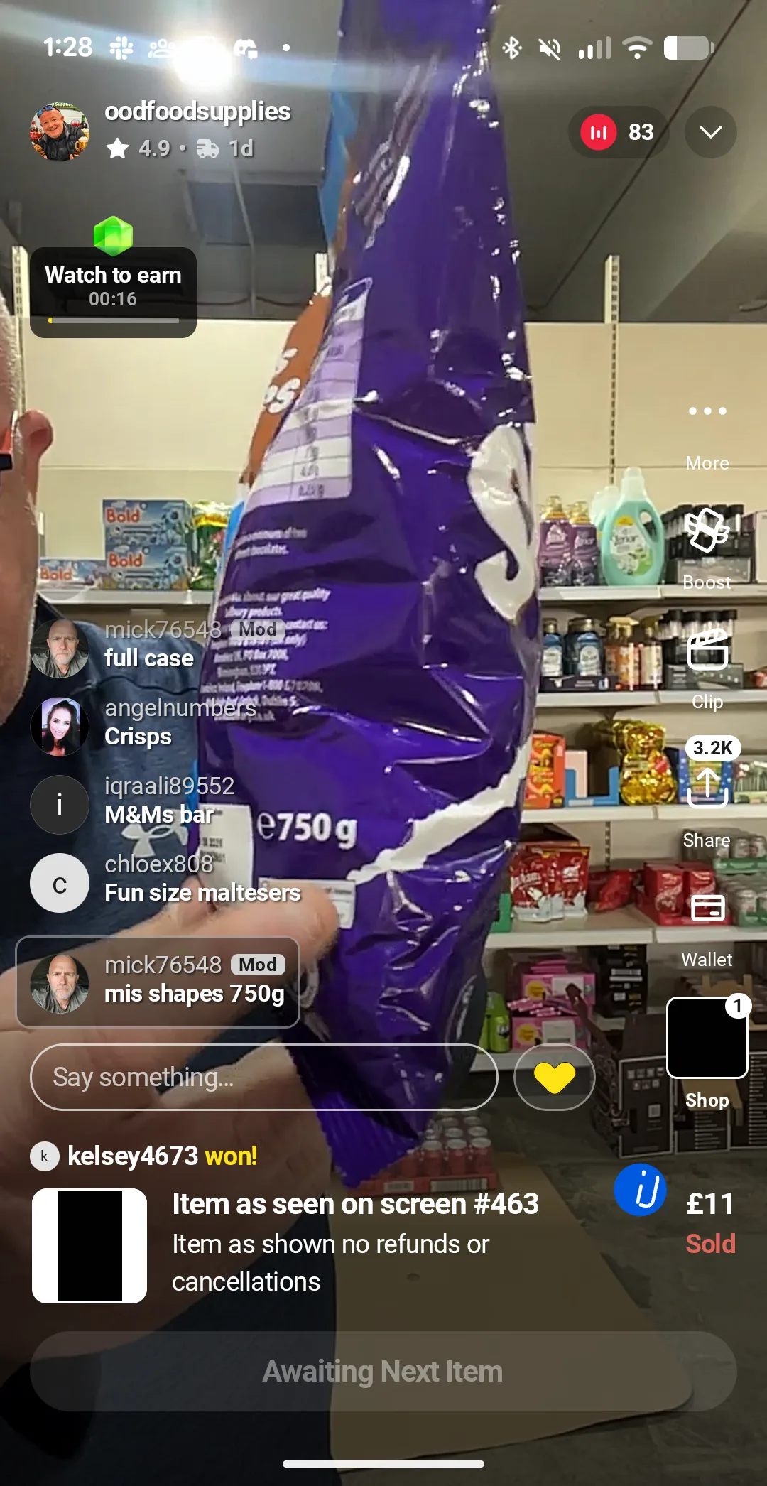 OOD Food Supplies live stream on Whatnot UK selling a 750g Cadbury mis-shapes chocolate bag, 83 viewers, 4.9 rating.
