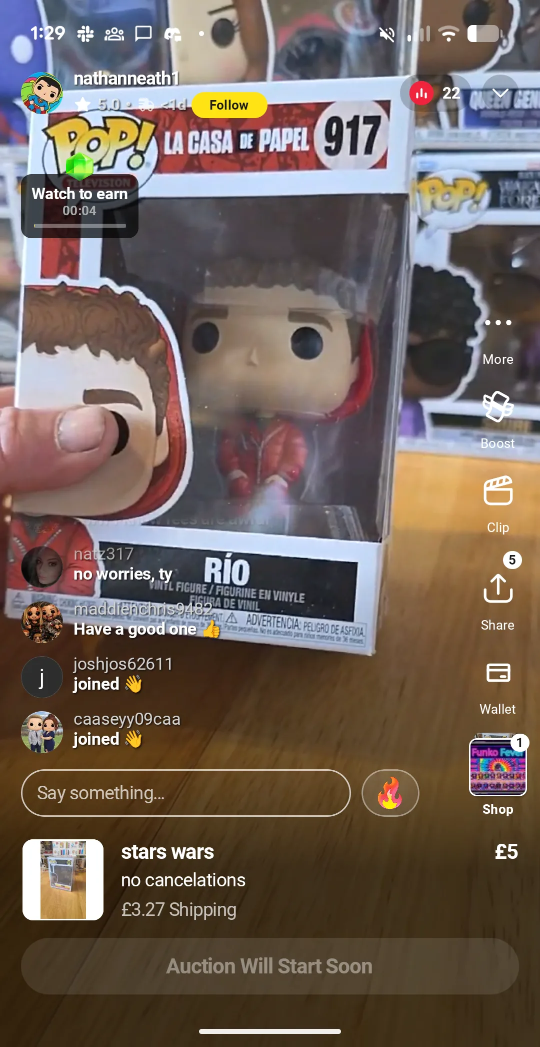 Funko Pop of Rio from La Casa de Papel being sold on a Whatnot UK live stream, illustrating the collectibles category popular on the app.
