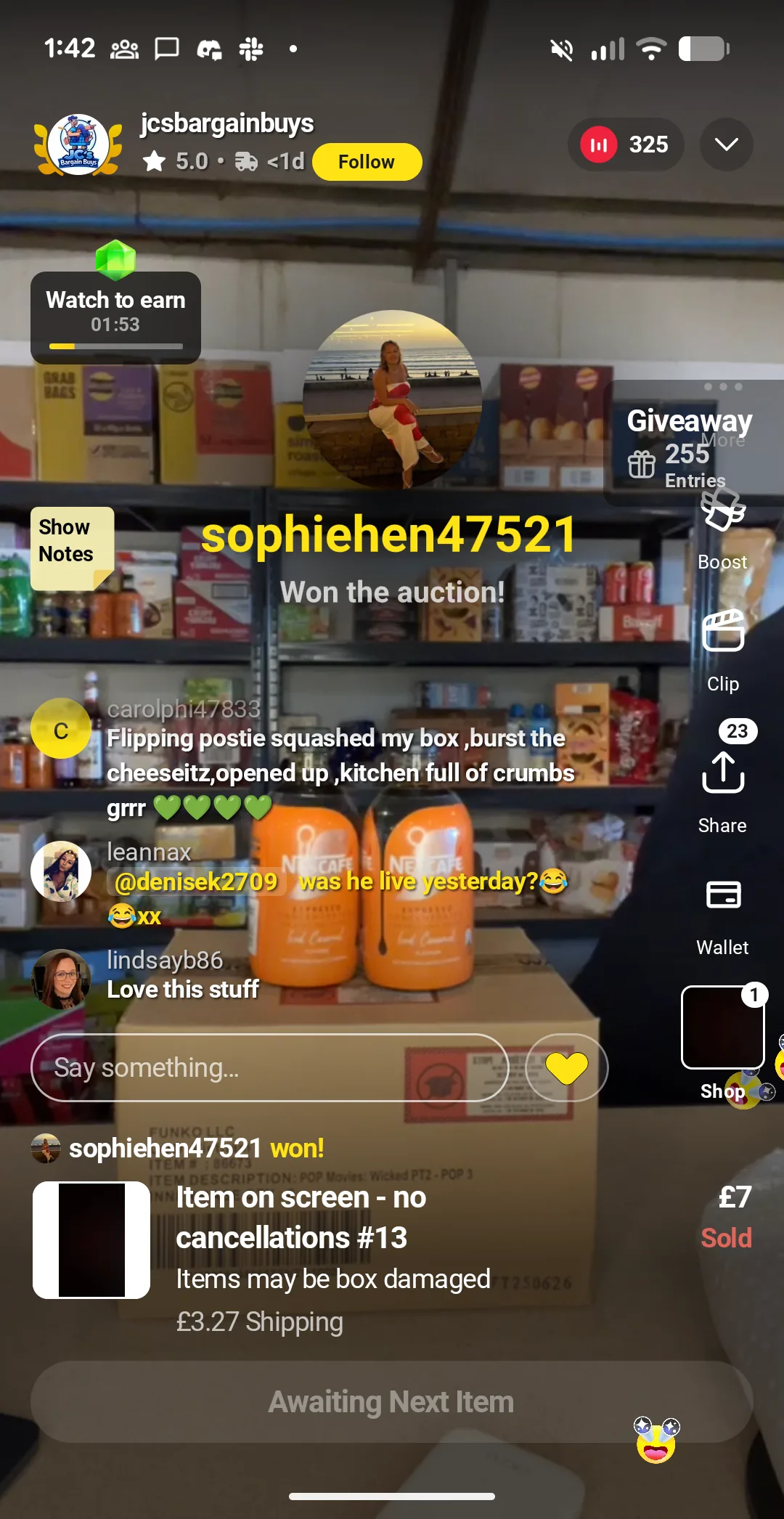 JCS Bargain Buys live auction stream on Whatnot UK with 325 viewers watching food and drinks being sold, an example of an honest seller.