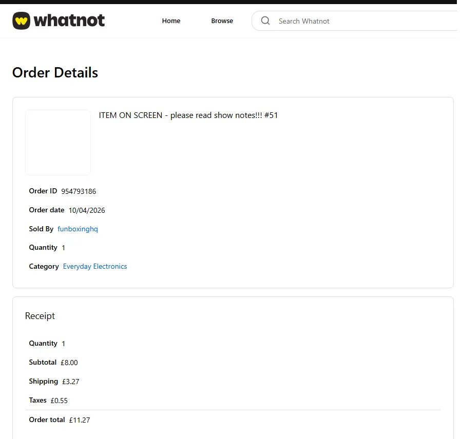 Whatnot UK order details page showing Beats Flex earphones from Fun Boxing HQ at 8 pounds plus 3.27 pounds UK shipping, total 11.27 pounds.