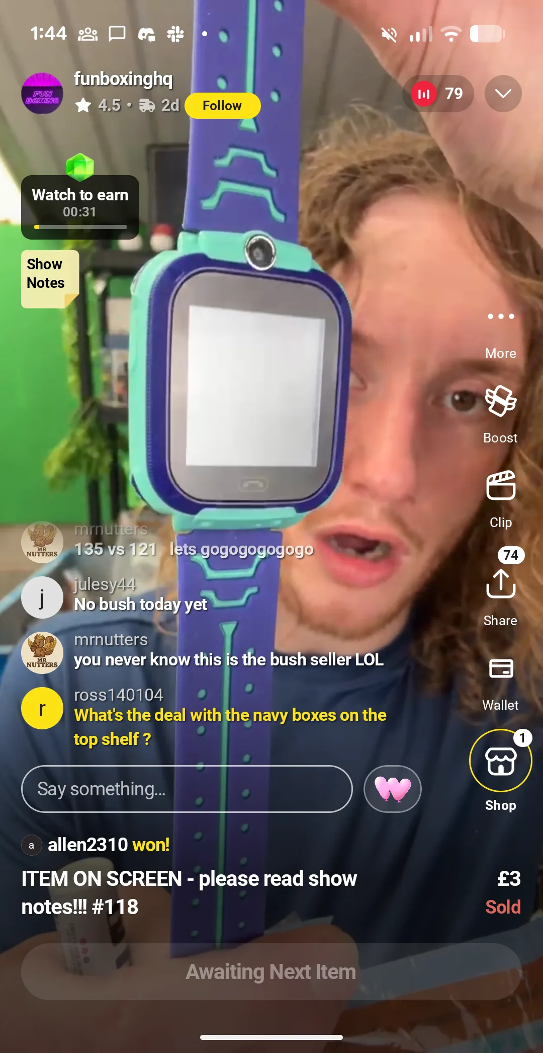 Whatnot UK live stream selling a purple and green children's smartwatch for 3 pounds, a 'please read show notes' untested item.