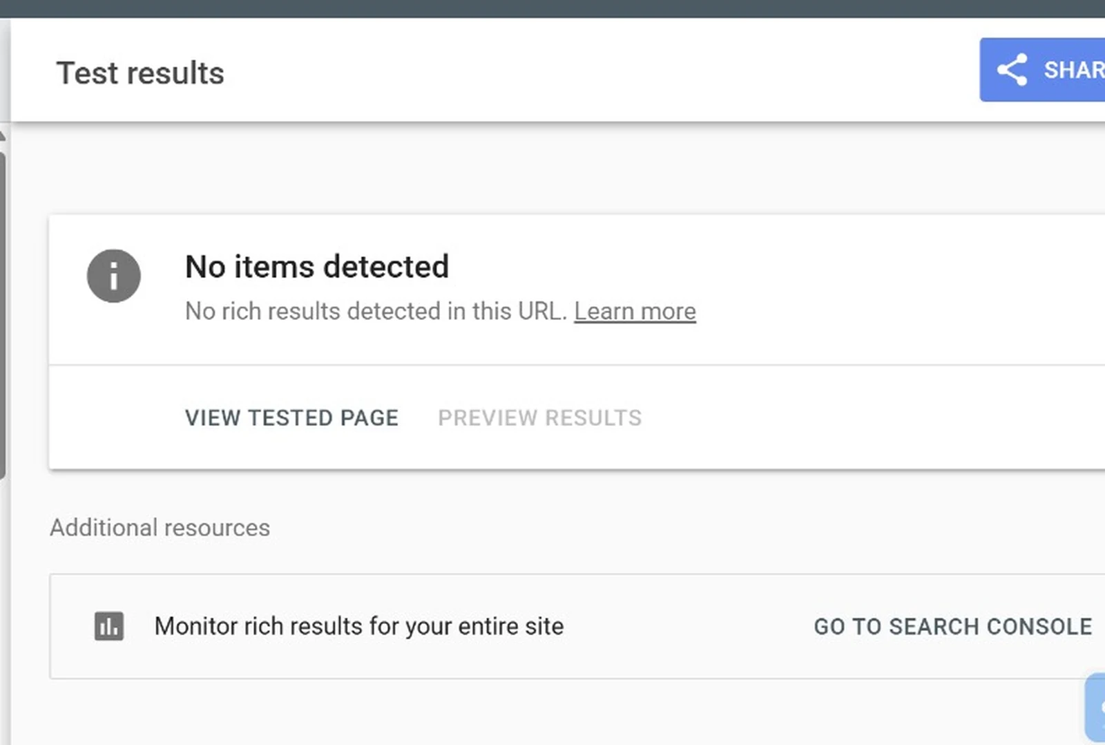 Google Rich Results Test returning No items detected after being given a page containing nothing but valid FAQPage structured data.