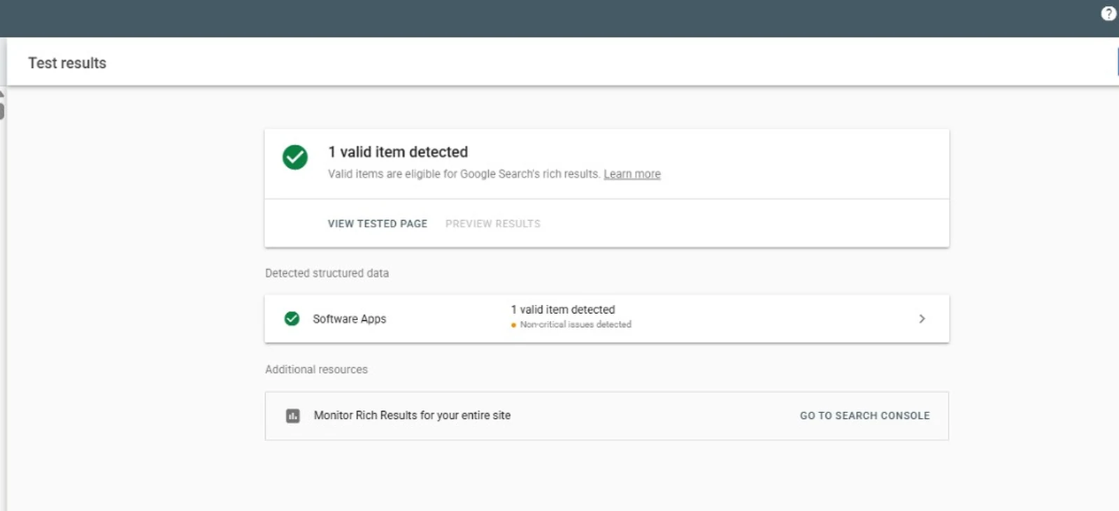 Google Rich Results Test on the same page reporting one valid item detected, Software Apps only, with no mention of the FAQ markup.